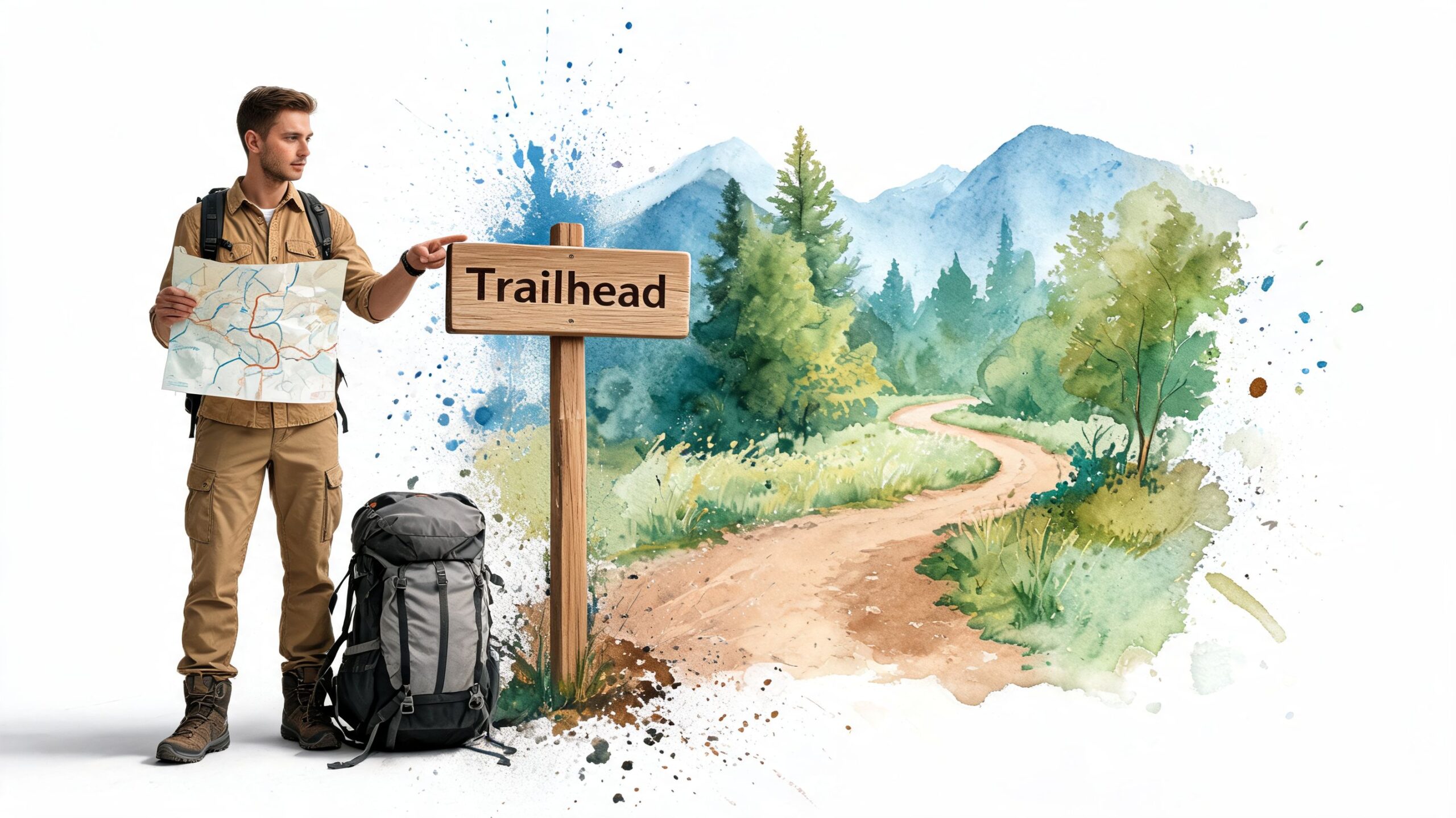 A hiker holding a map points toward a trailhead sign in a beautiful watercolor forest landscape.