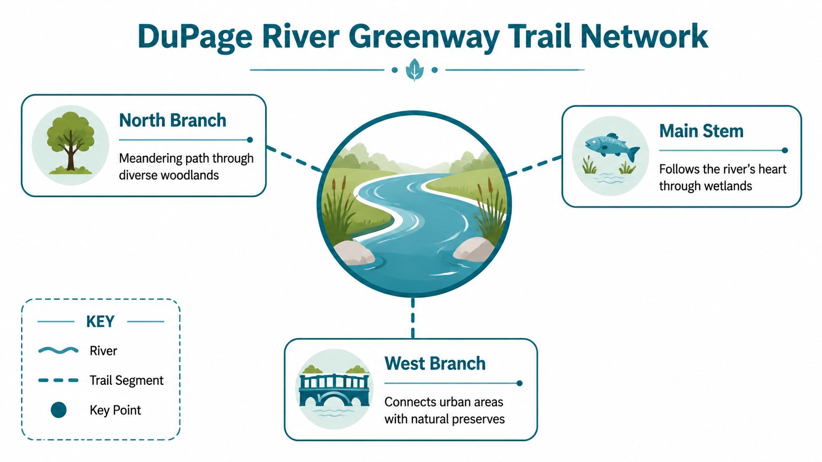A map showing the DuPage River Greenway trail network including the North Branch, Main Stem, and West Branch.