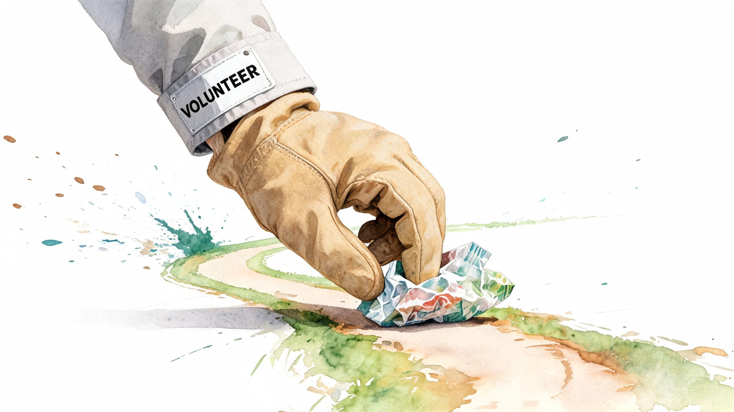 A volunteer wearing a work glove picks up litter from a painted watercolor greenway trail path.