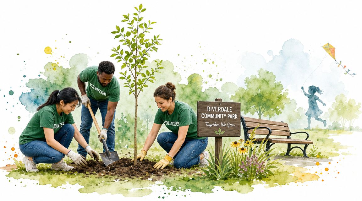 Diverse volunteers planting a tree in Riverdale Community Park with a child flying a kite nearby.