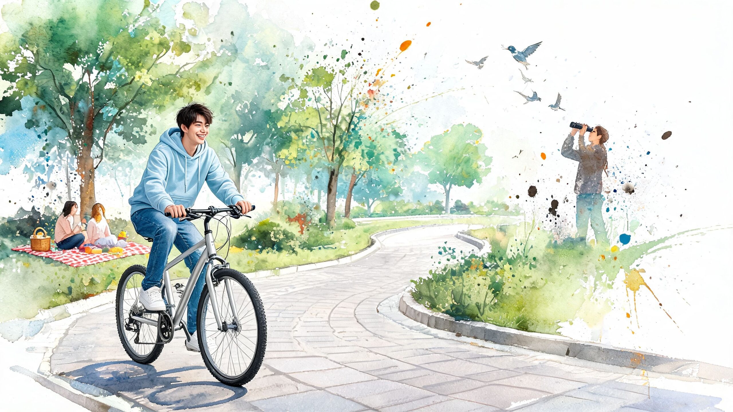 A young man riding a bicycle through a sunny park with people picnicking and birdwatching nearby.