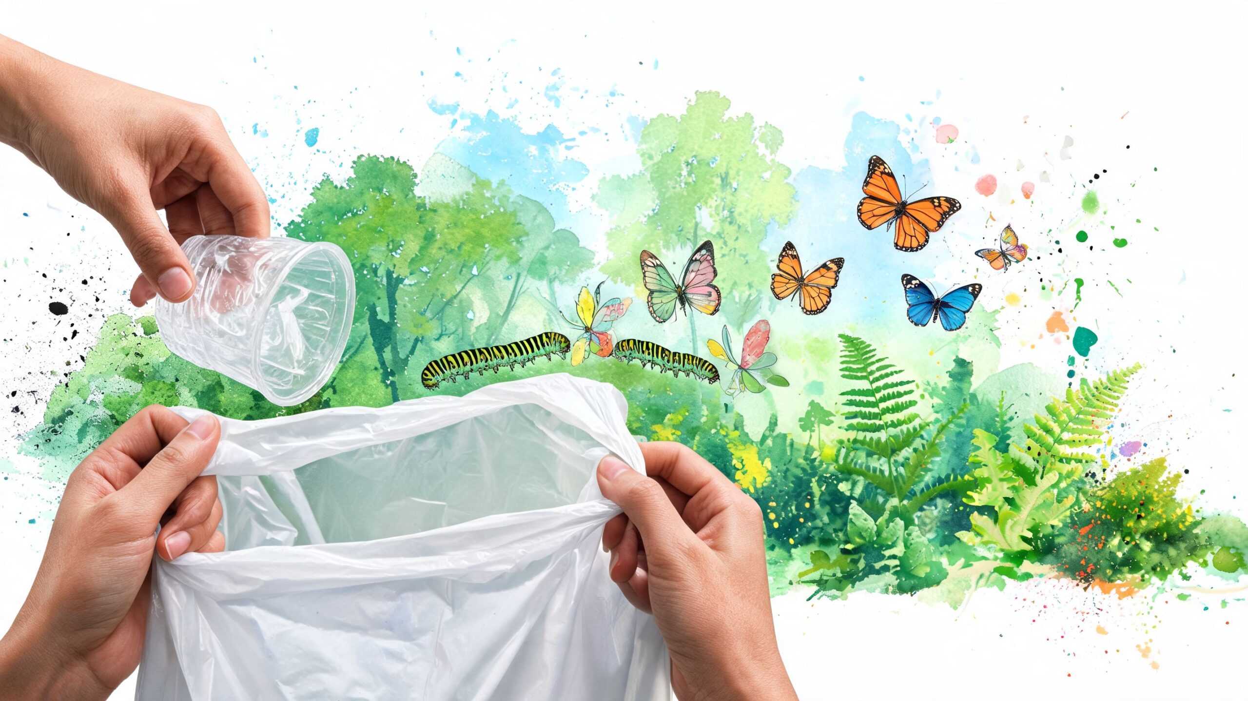 A person disposing of a plastic cup into a bag with a watercolor illustration of forest life.