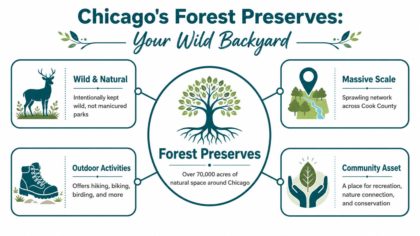 An infographic titled Chicago's Forest Preserves highlighting natural space, massive scale, outdoor activities, and community assets.