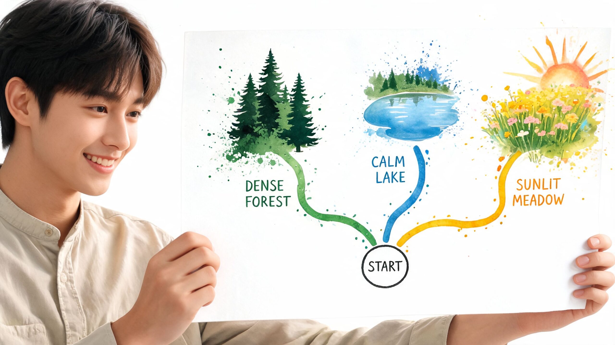 A smiling young man holding a watercolor drawing featuring paths to a forest, lake, and meadow.