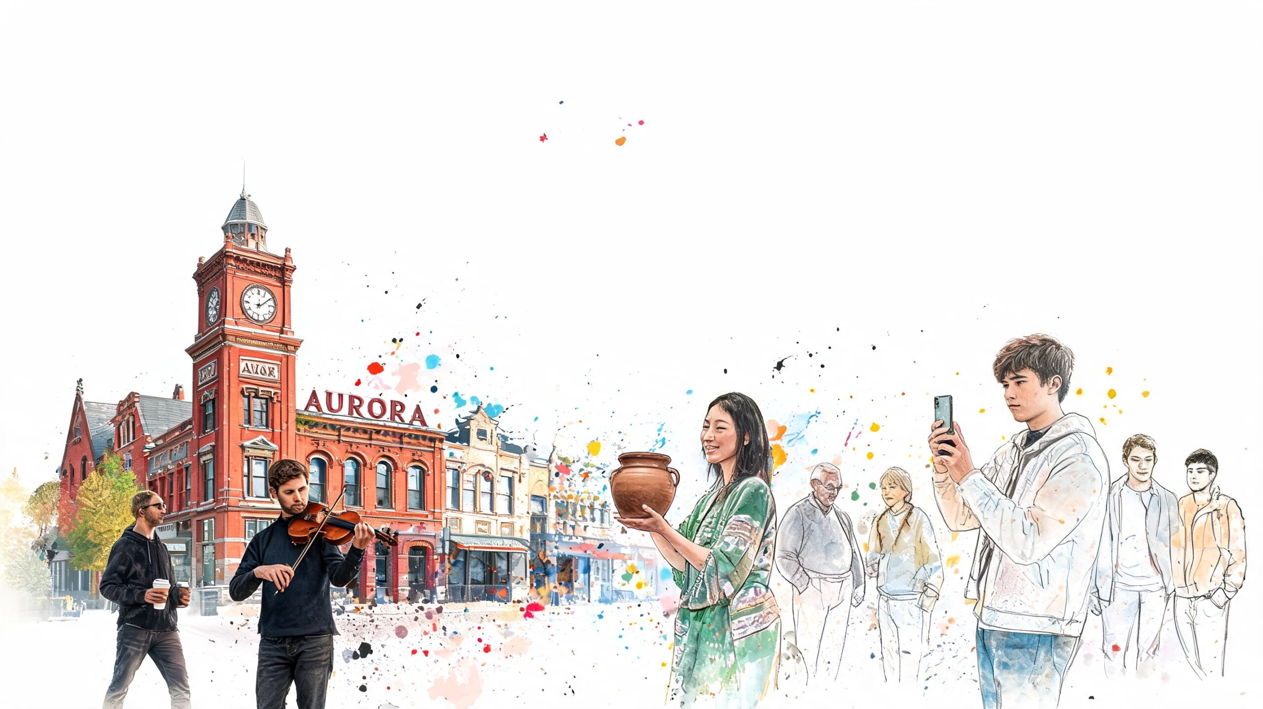A watercolor-style illustration of an Aurora landmark building with a violinist, people, and a pottery artisan.
