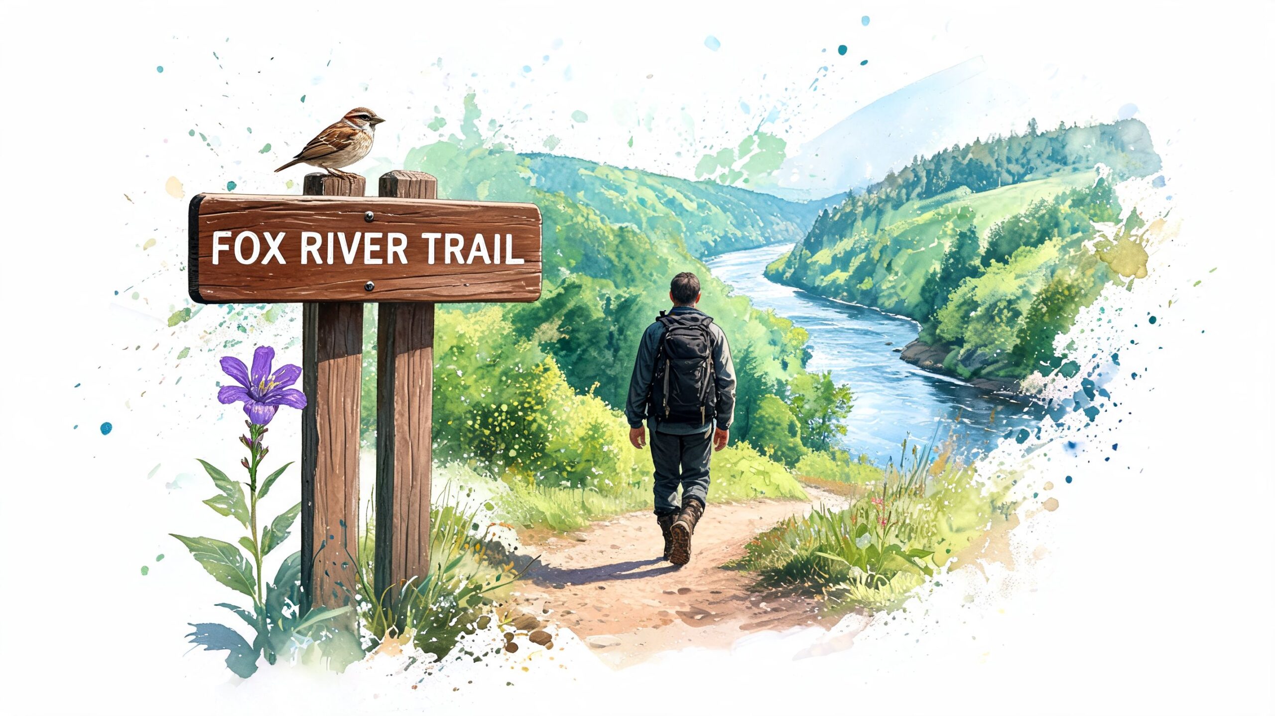 A hiker with a backpack walks along a scenic trail overlooking the Fox River valley.
