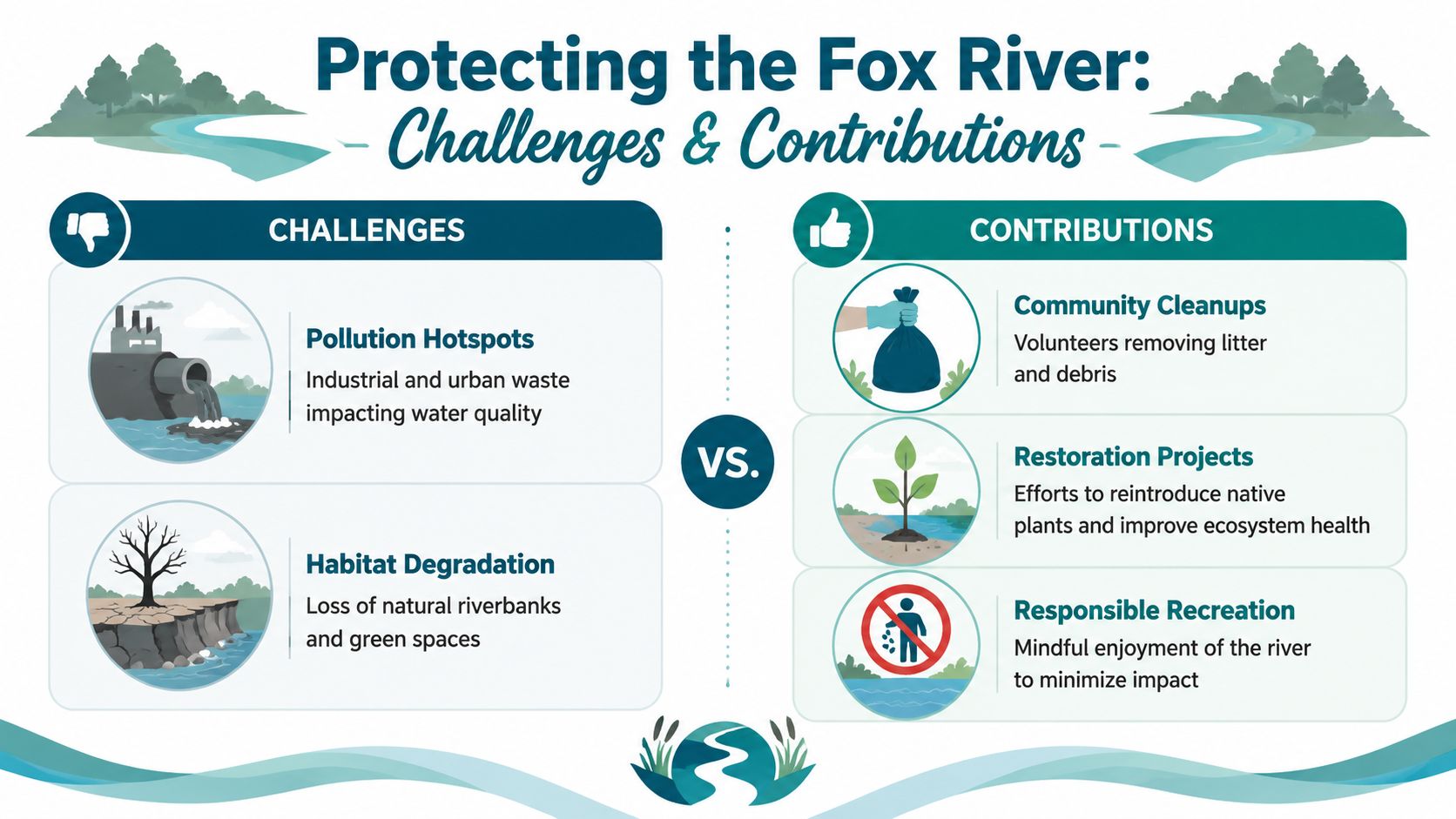 An infographic comparing environmental challenges and positive community contributions to the health of the Fox River.