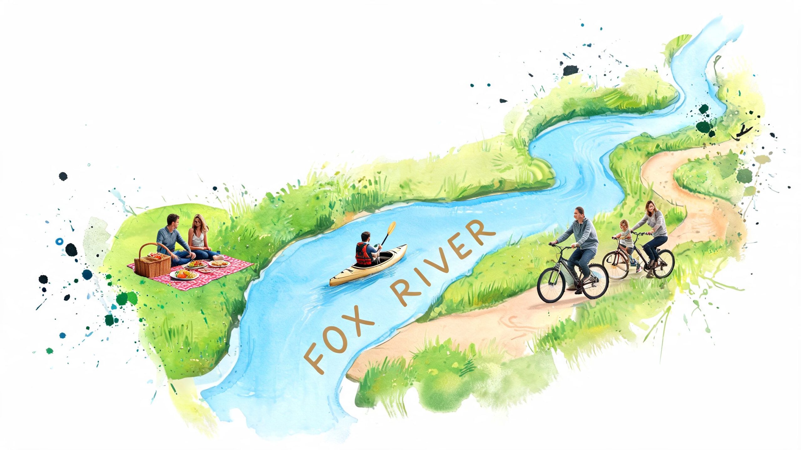 A watercolor illustration of the Fox River featuring people picnicking, kayaking, and cycling along a trail.