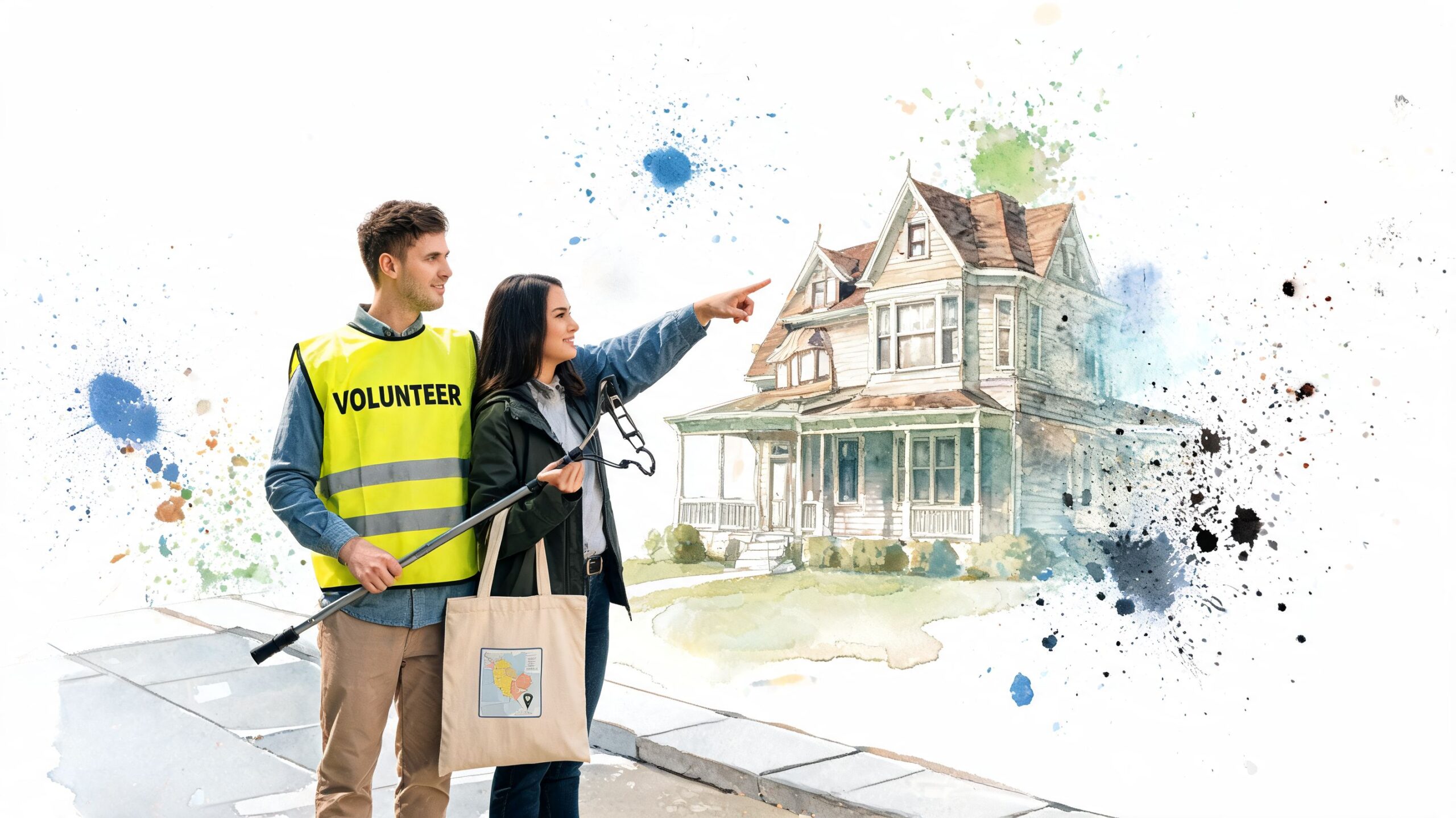 A male volunteer and a female companion pointing towards a sketch of a house for community planning