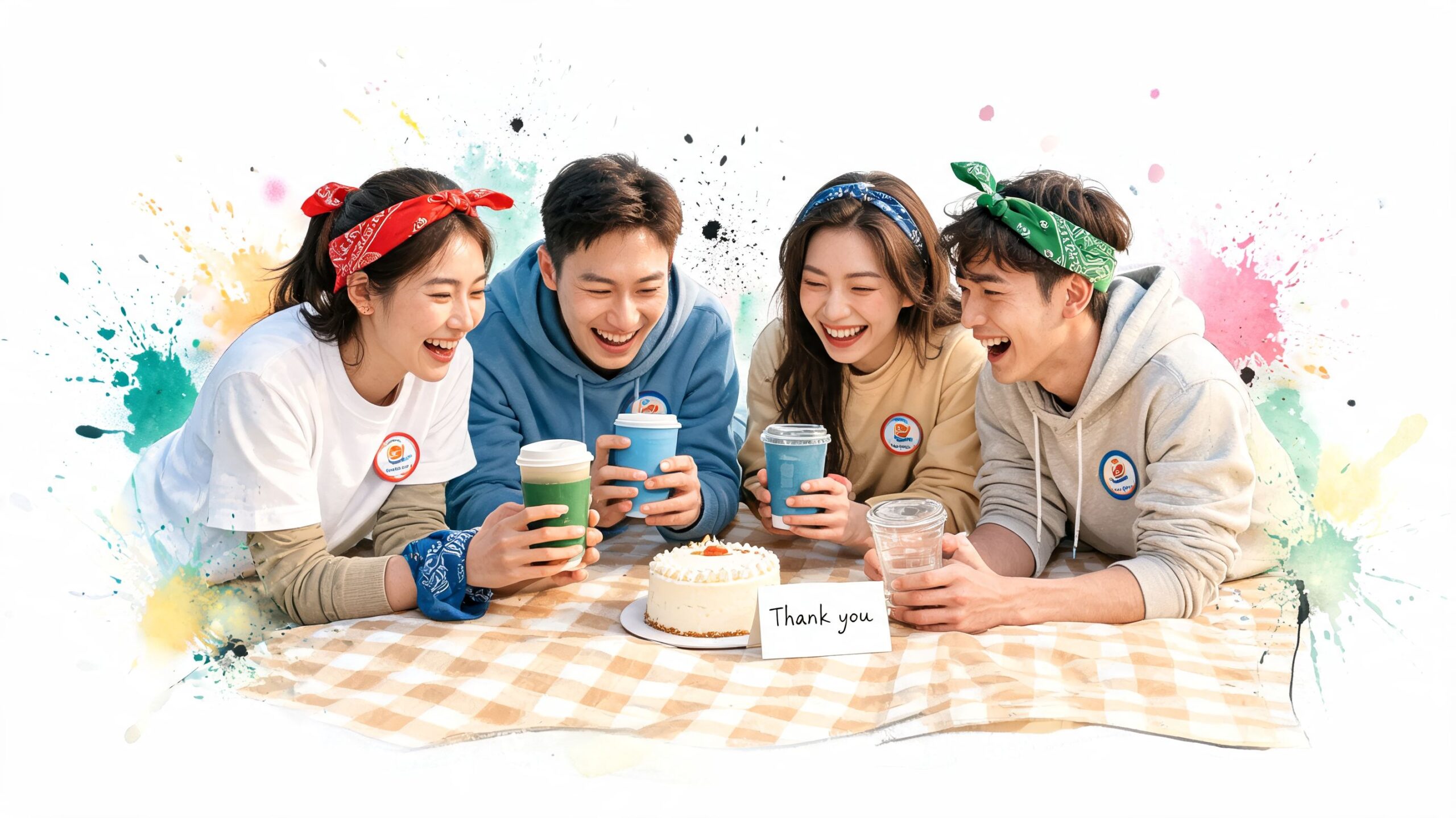 Four joyful friends laughing during a picnic celebration with a small cake and drinks outdoors