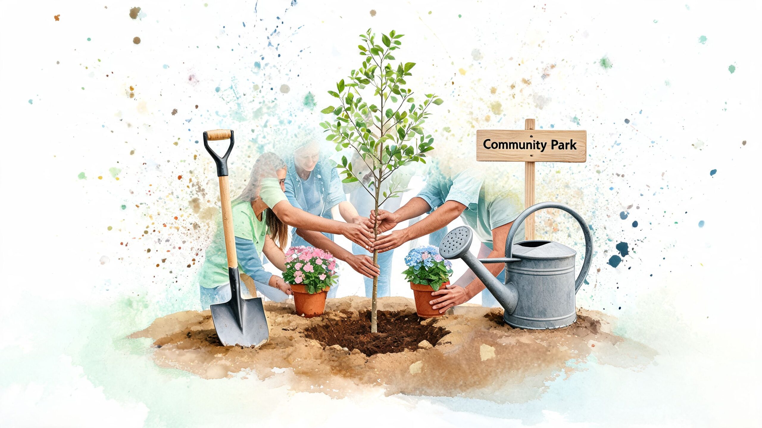 A diverse group of volunteers planting a young tree together in a vibrant community park garden.