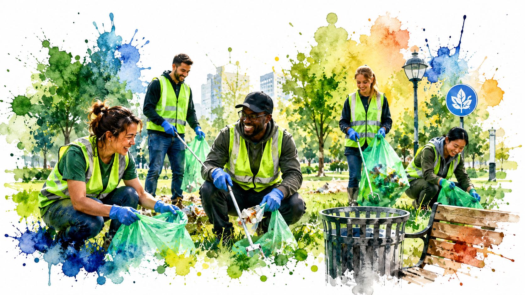 A group of diverse volunteers in high-visibility vests picking up litter in a green city park.
