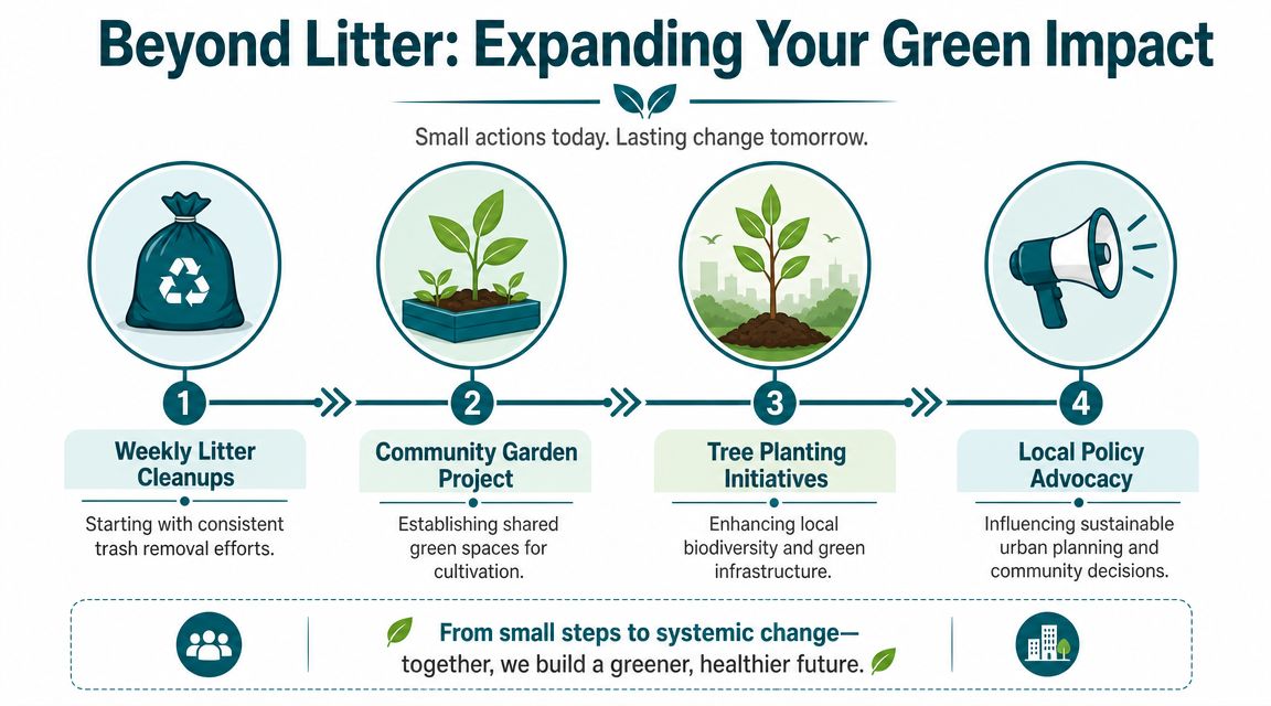 An infographic showing four steps for expanding green impact: litter cleanups, community gardens, tree planting, and policy advocacy.