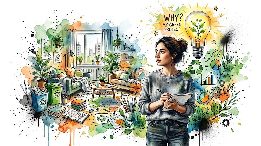 A young woman reflecting on a green city project with sustainable home and business ideas sketched around her.
