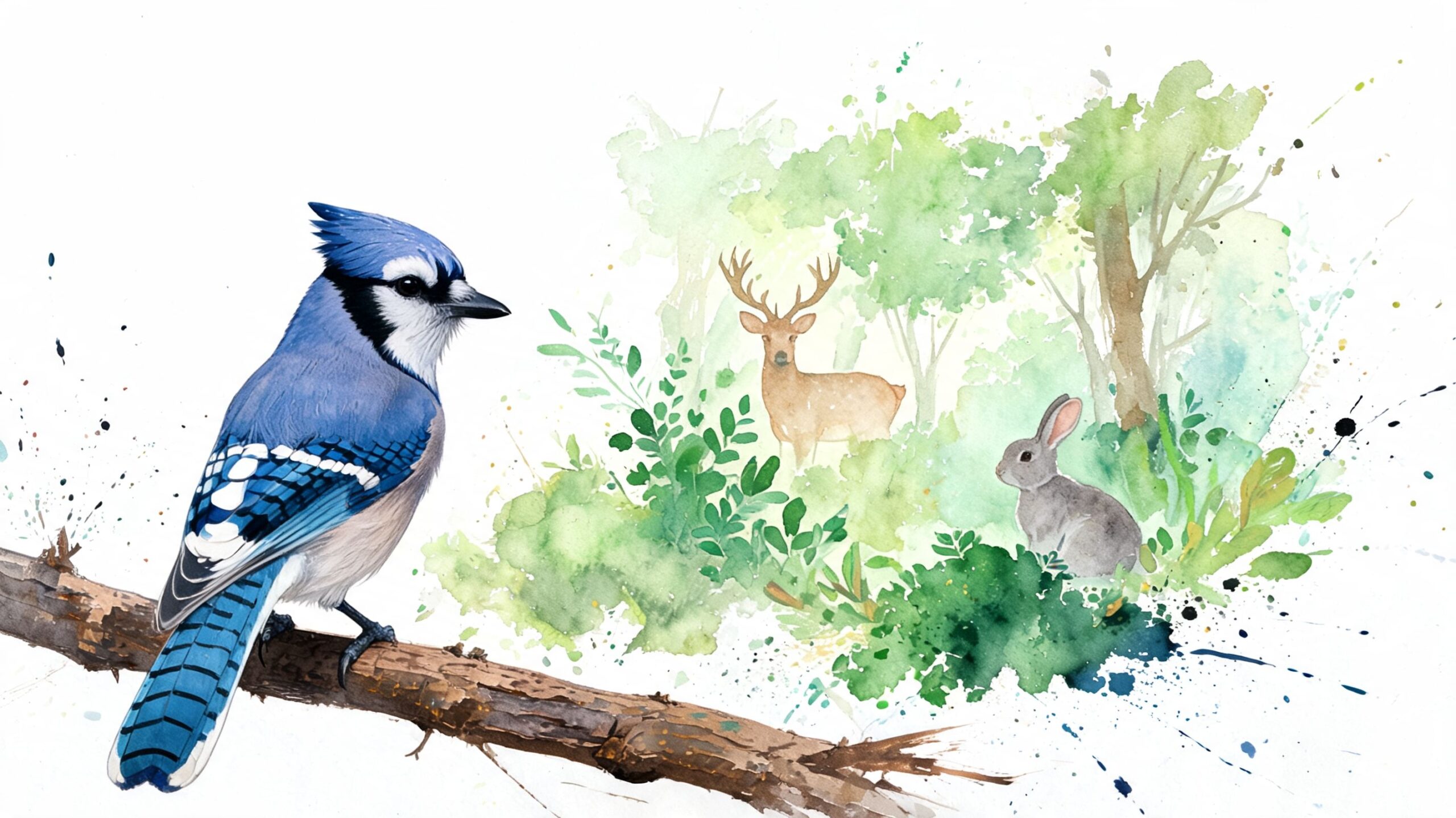 A watercolor painting featuring a blue jay perched on a branch overlooking a forest with a deer and rabbit.