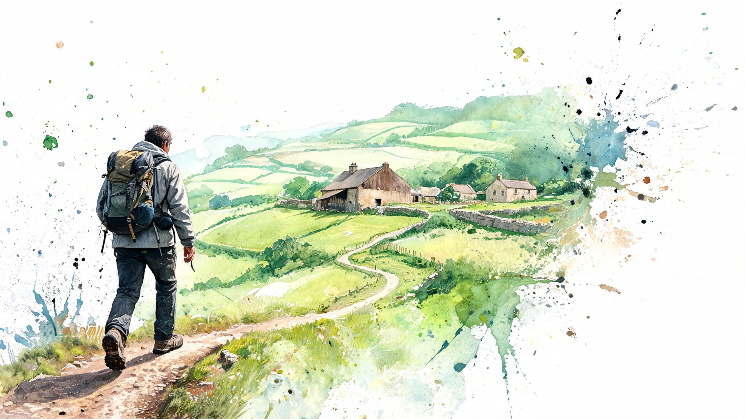 A hiker with a backpack walks along a dirt path towards a scenic green valley with stone cottages.