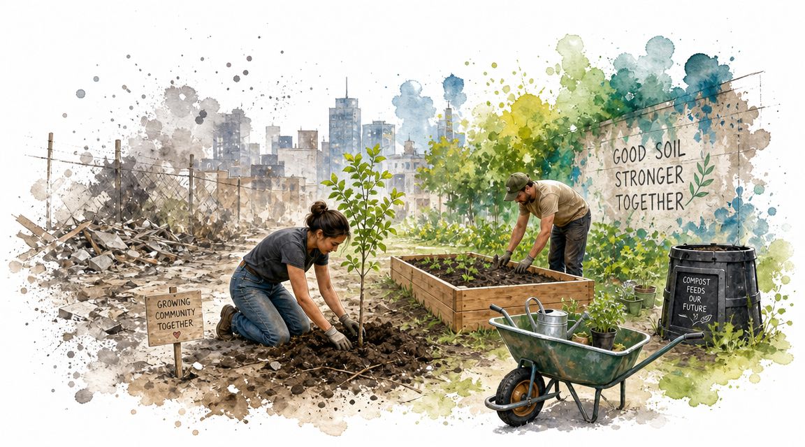 A diverse group of volunteers planting a tree and gardening in an urban community vegetable garden.
