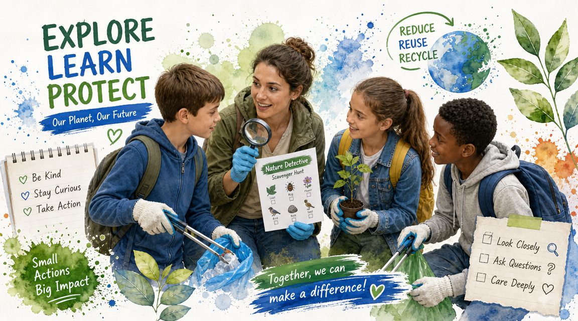 A diverse group of children and a teacher participating in an outdoor nature cleanup service project.
