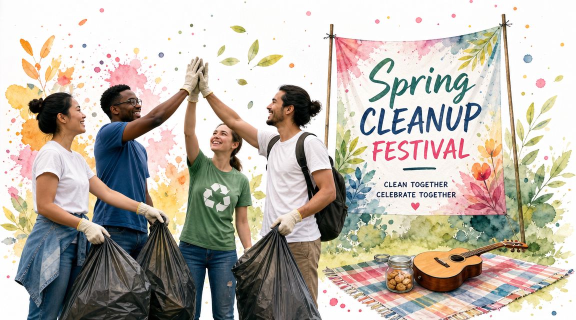 A diverse group of volunteers celebrating after a community service spring cleaning event with trash bags.