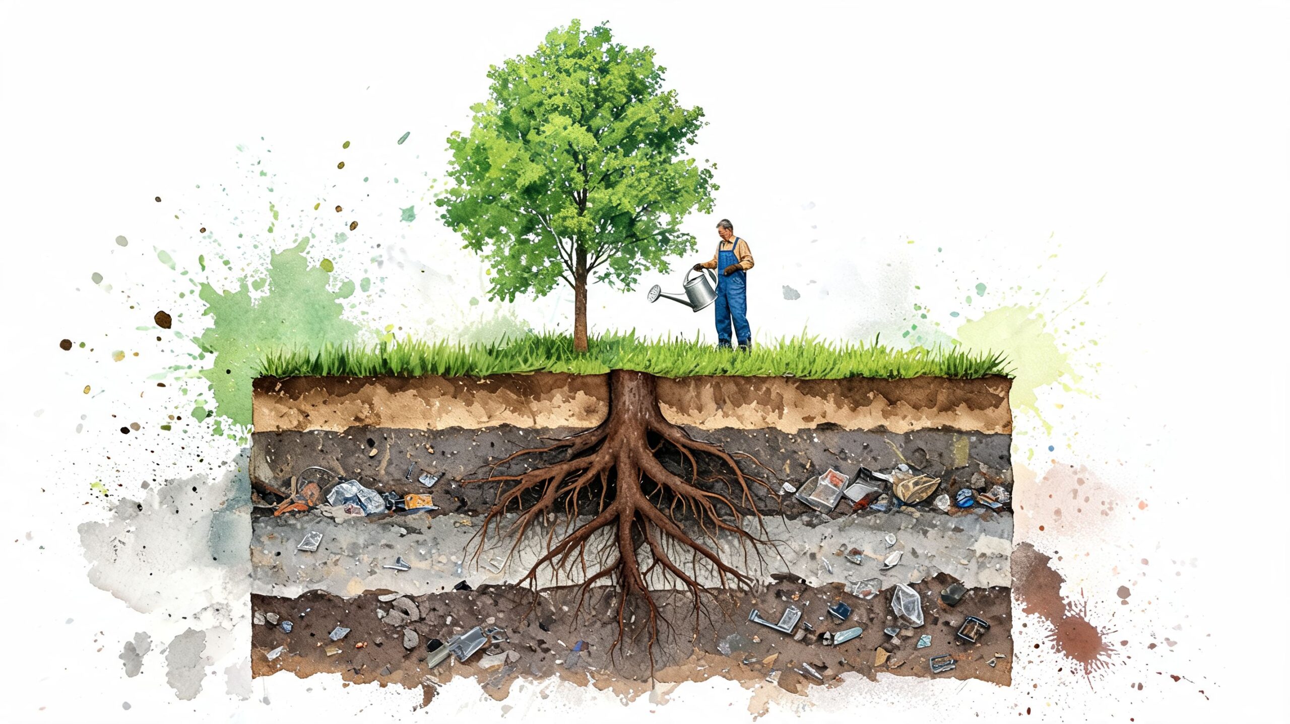 A man waters a tree growing in ground filled with buried plastic waste and trash underground.