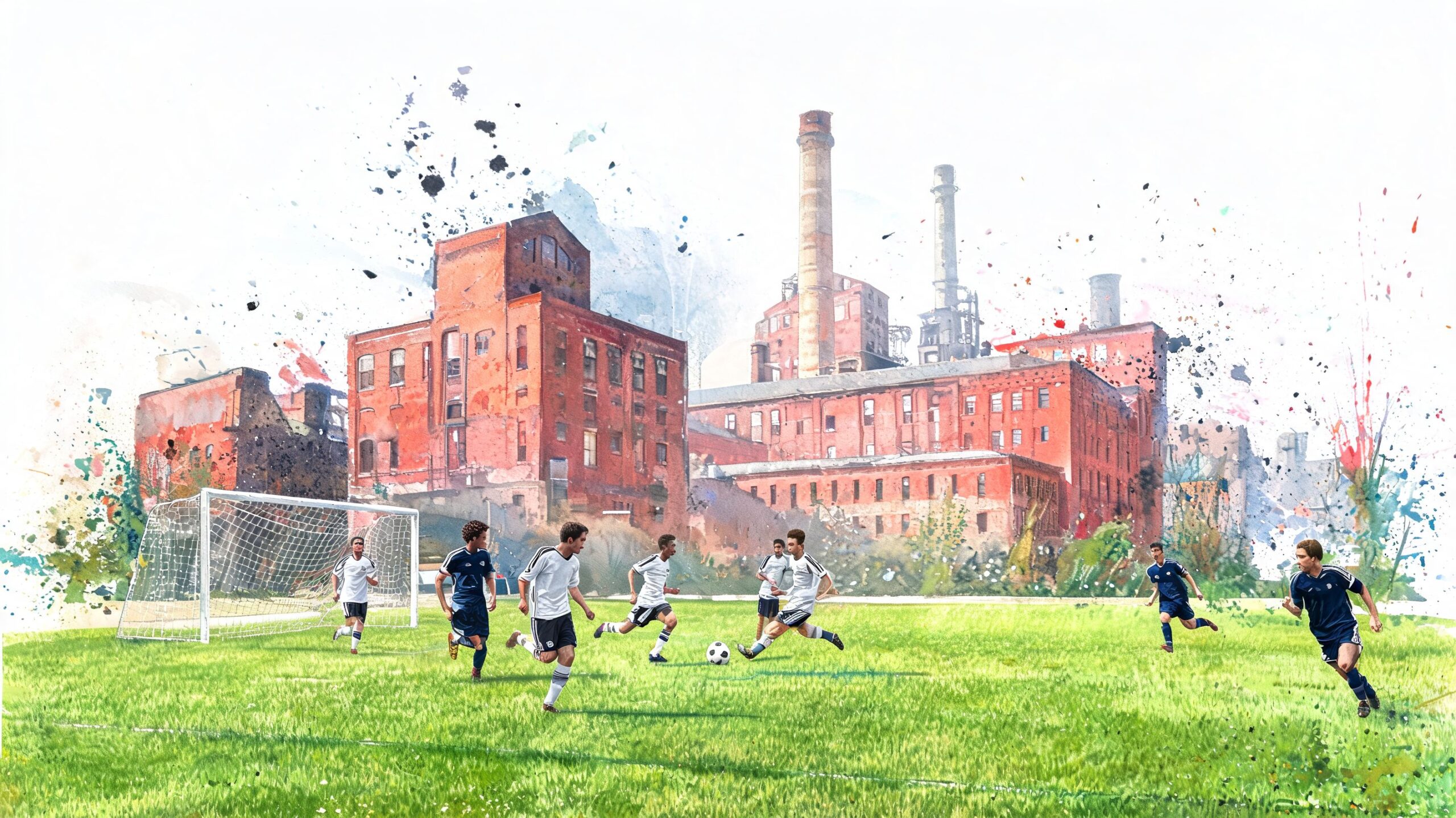A watercolor illustration of soccer players competing on a grassy field in front of industrial brick buildings.
