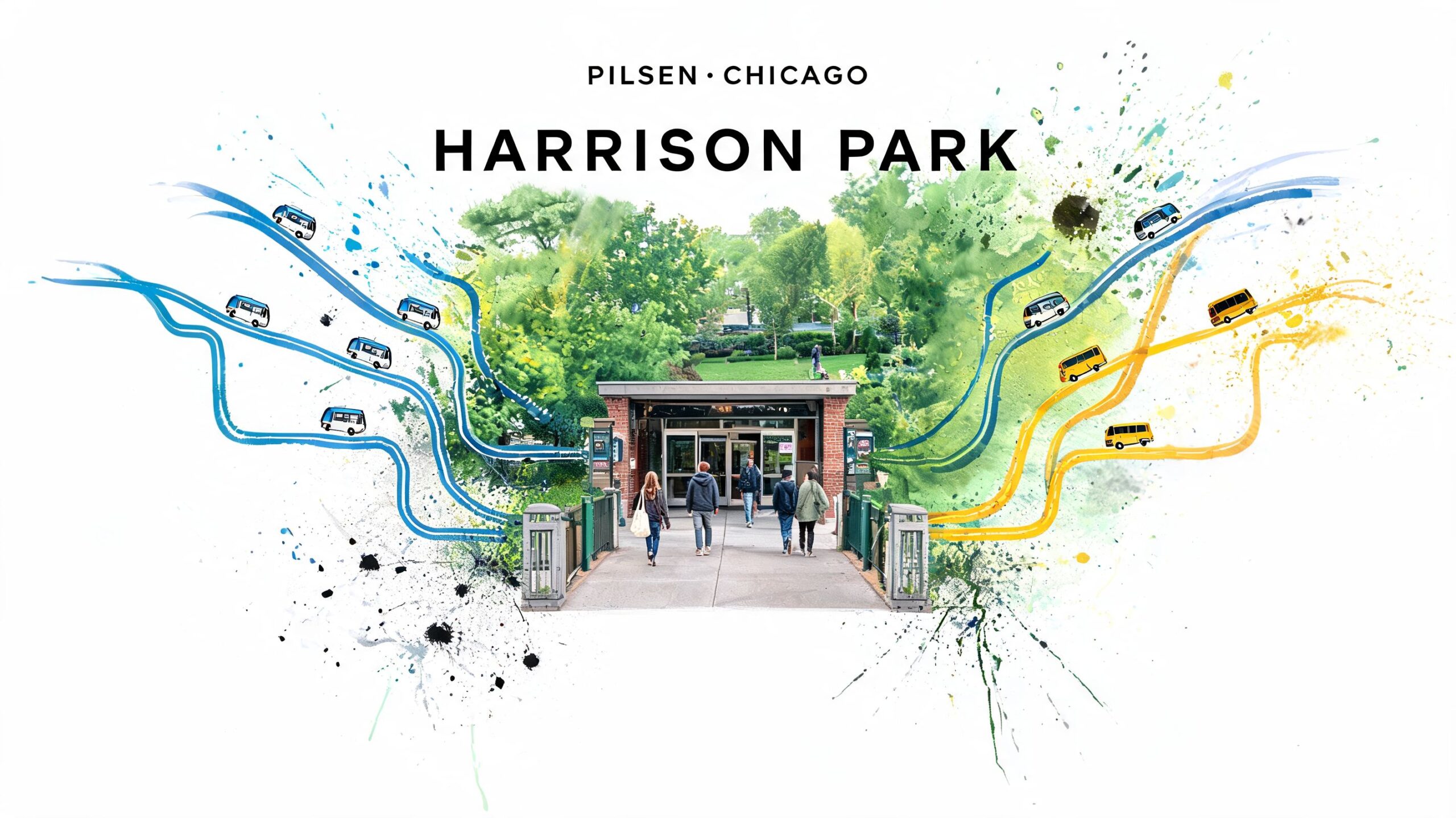 A creative illustration blending a photo of Harrison Park in Chicago with colorful painted bus transit lines.