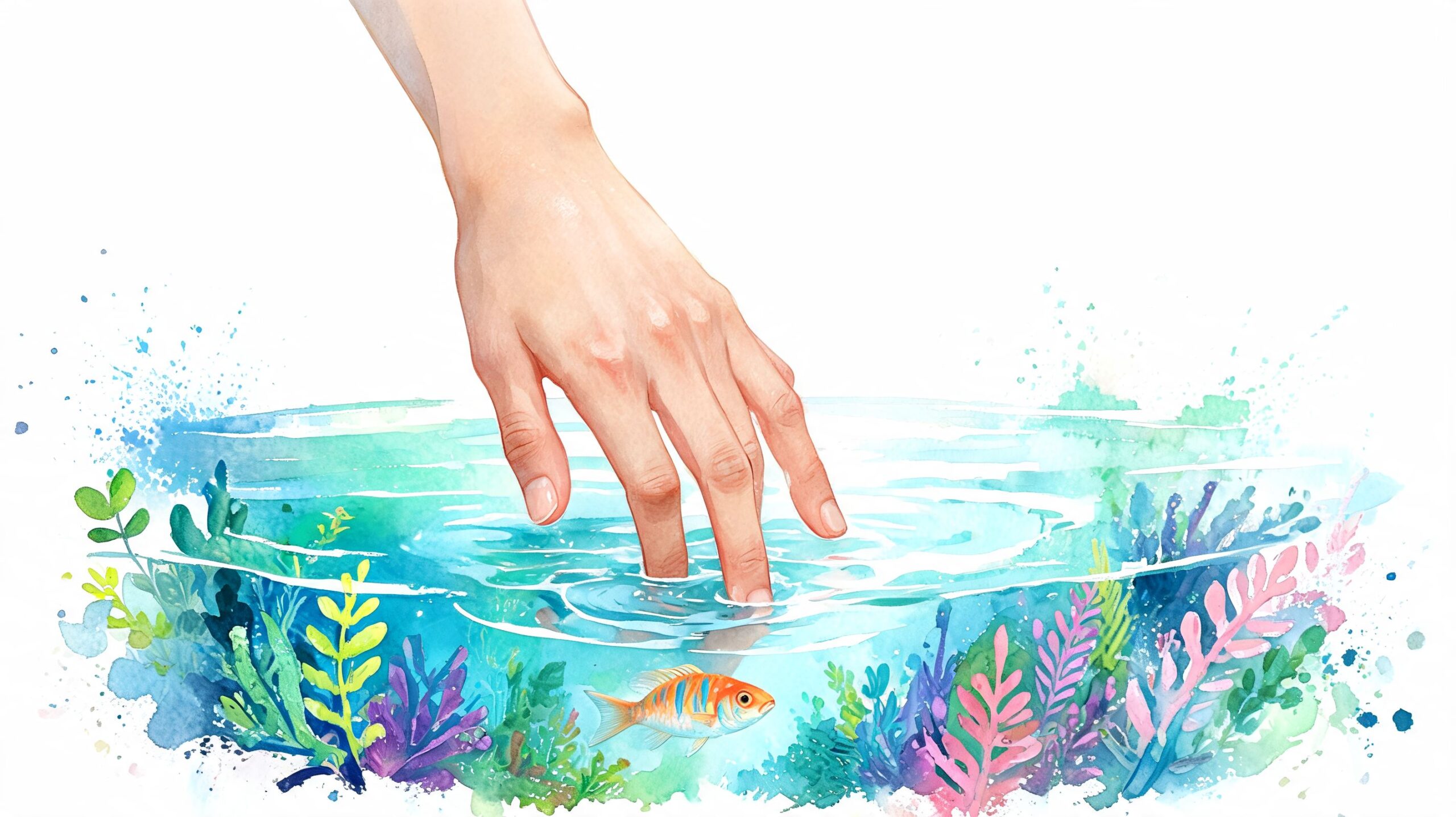A gentle hand reaching into clear blue water towards a small, vibrant, orange and blue goldfish.