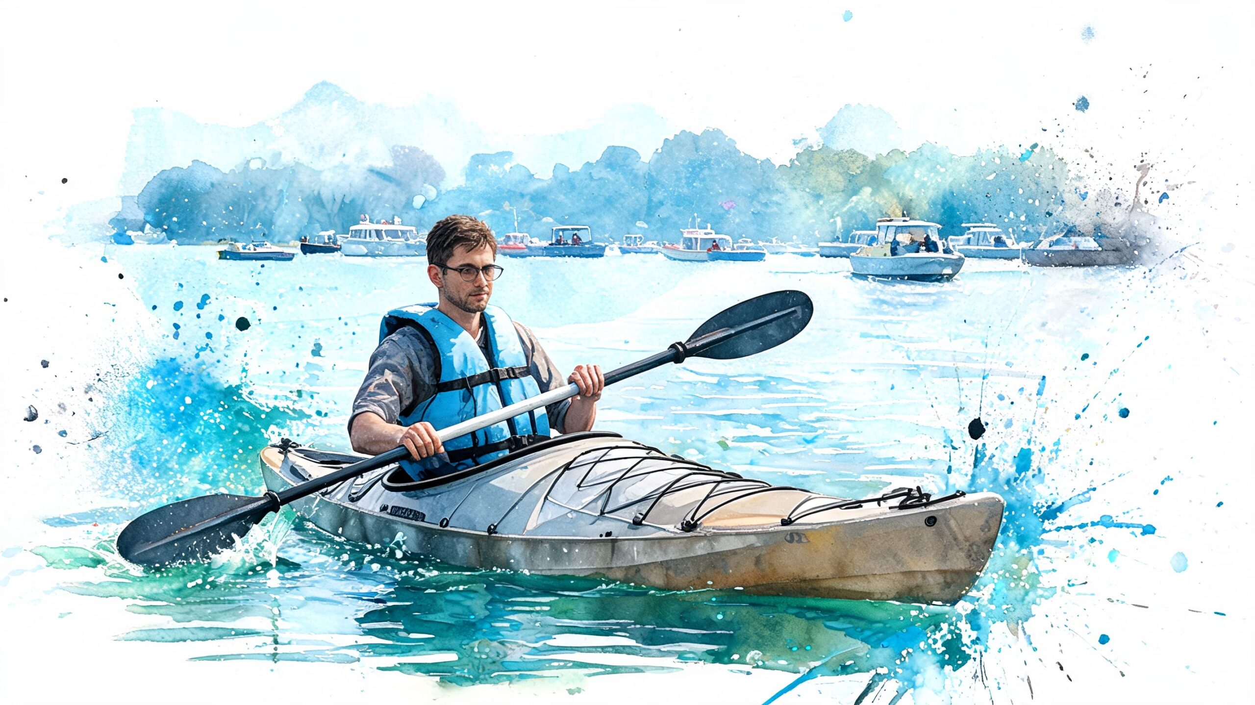 A man wearing glasses and a life jacket paddling a kayak on Nippersink Lake in Illinois.