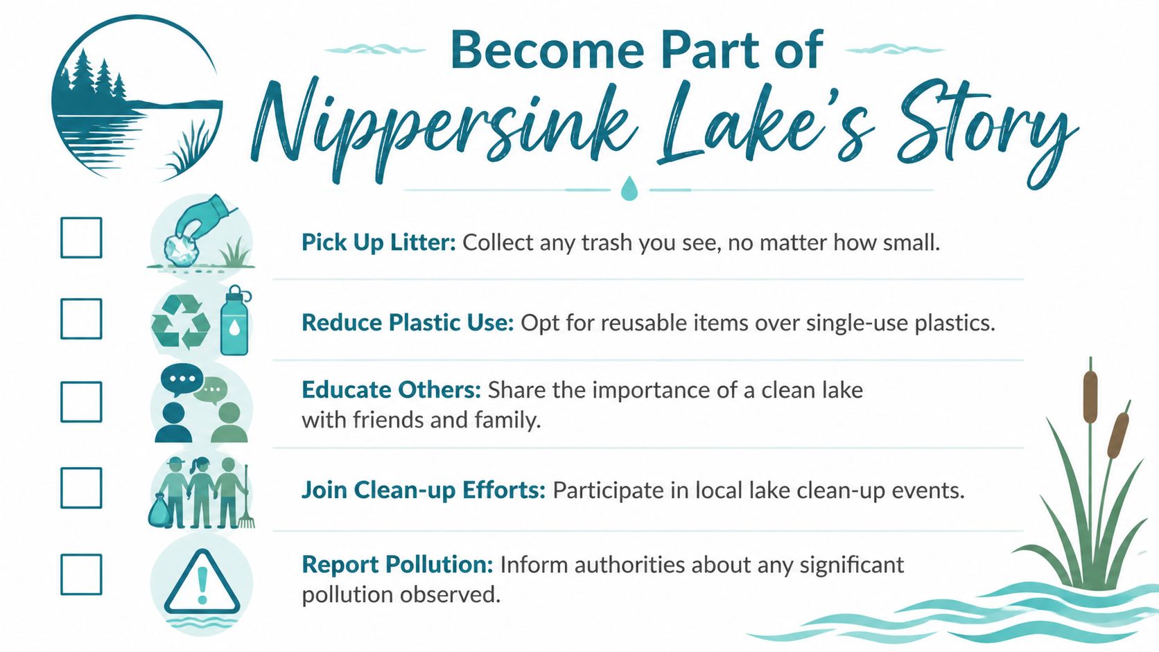 An infographic list detailing five ways to help keep Nippersink Lake clean and healthy.
