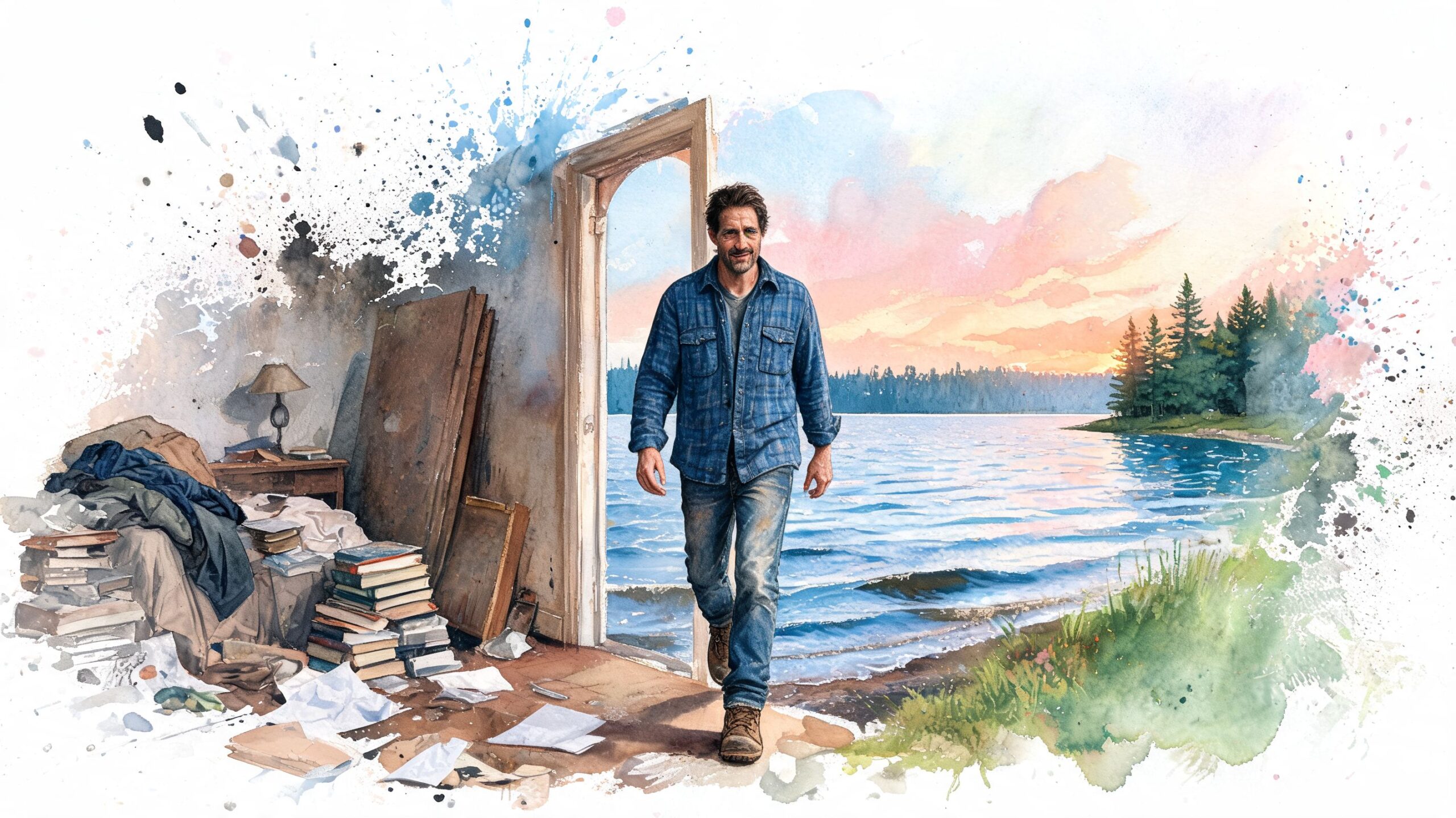 A man steps through a doorway from a cluttered room out into a beautiful sunset lakeside view.