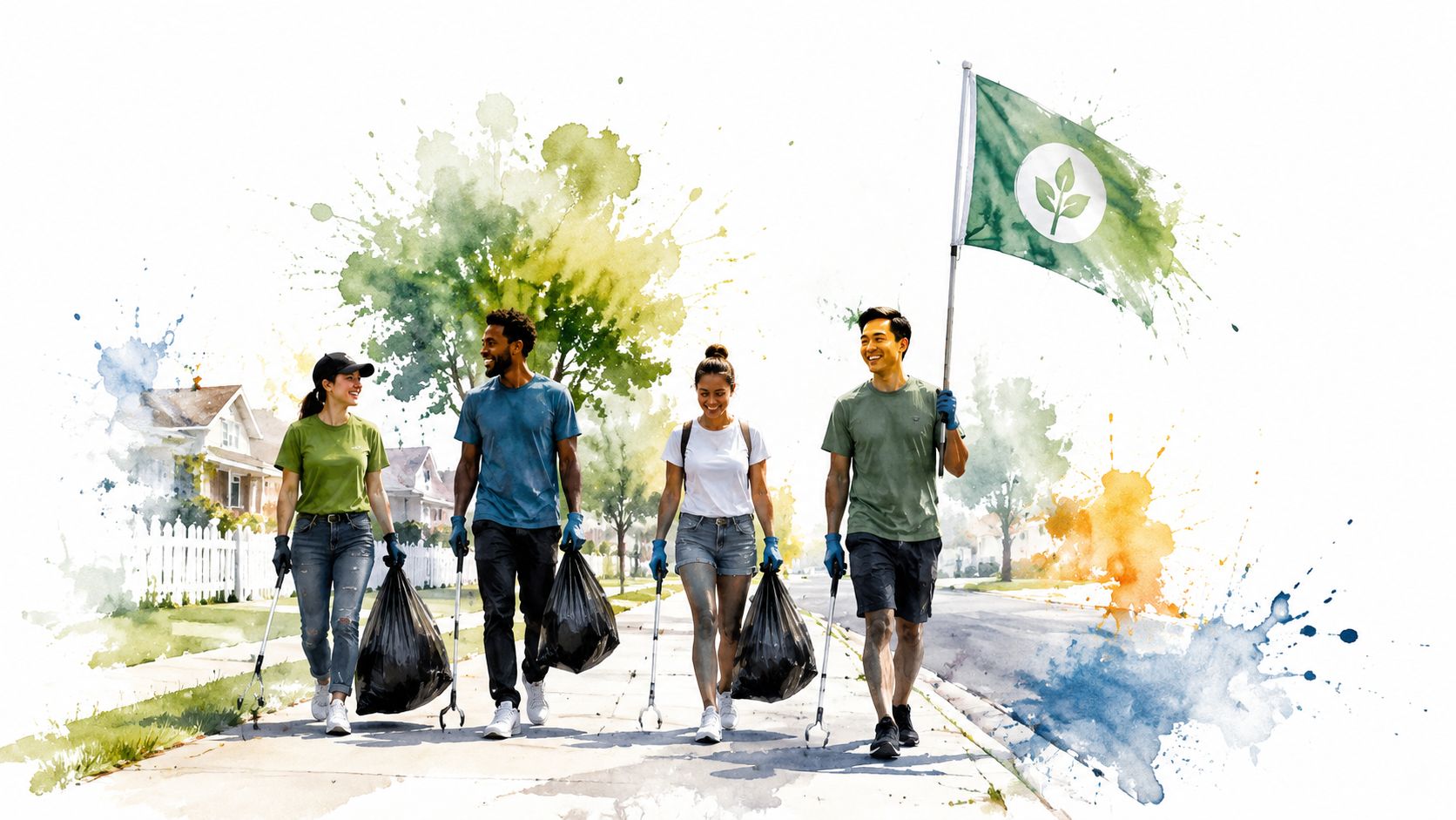 A diverse group of volunteers walking down a street carrying trash bags and an environmental cleanup flag.