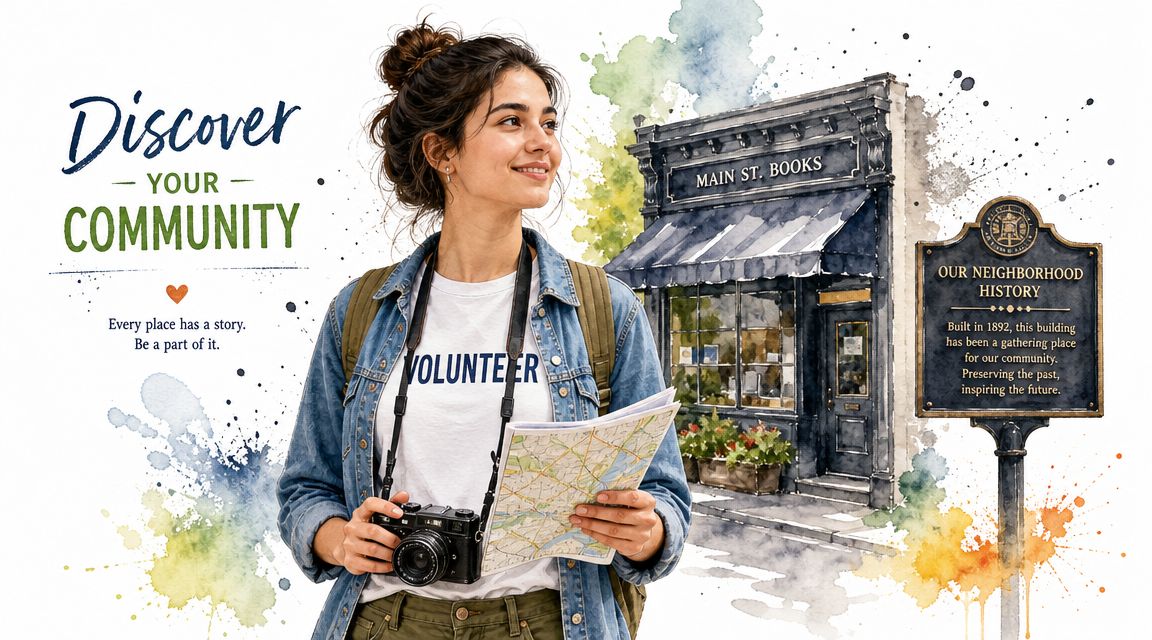 A smiling young female volunteer holding a camera and map in front of a bookstore and plaque.
