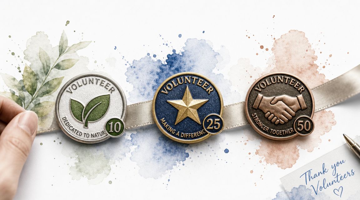 Three volunteer milestone medals displayed on a ribbon with watercolor accents and a thank you note.