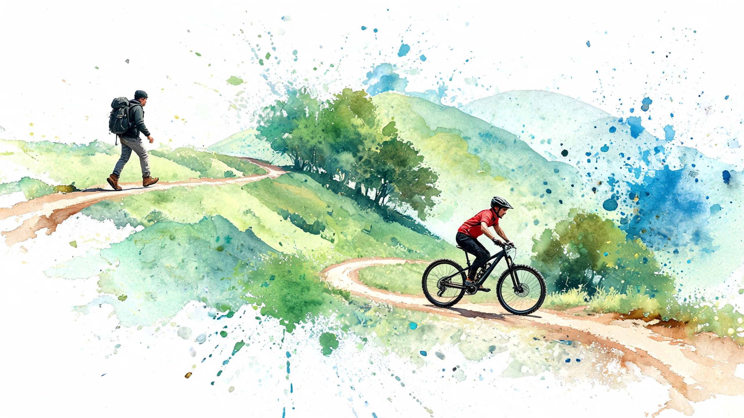 A watercolor style illustration showing a hiker with a backpack and a cyclist on a mountain trail.