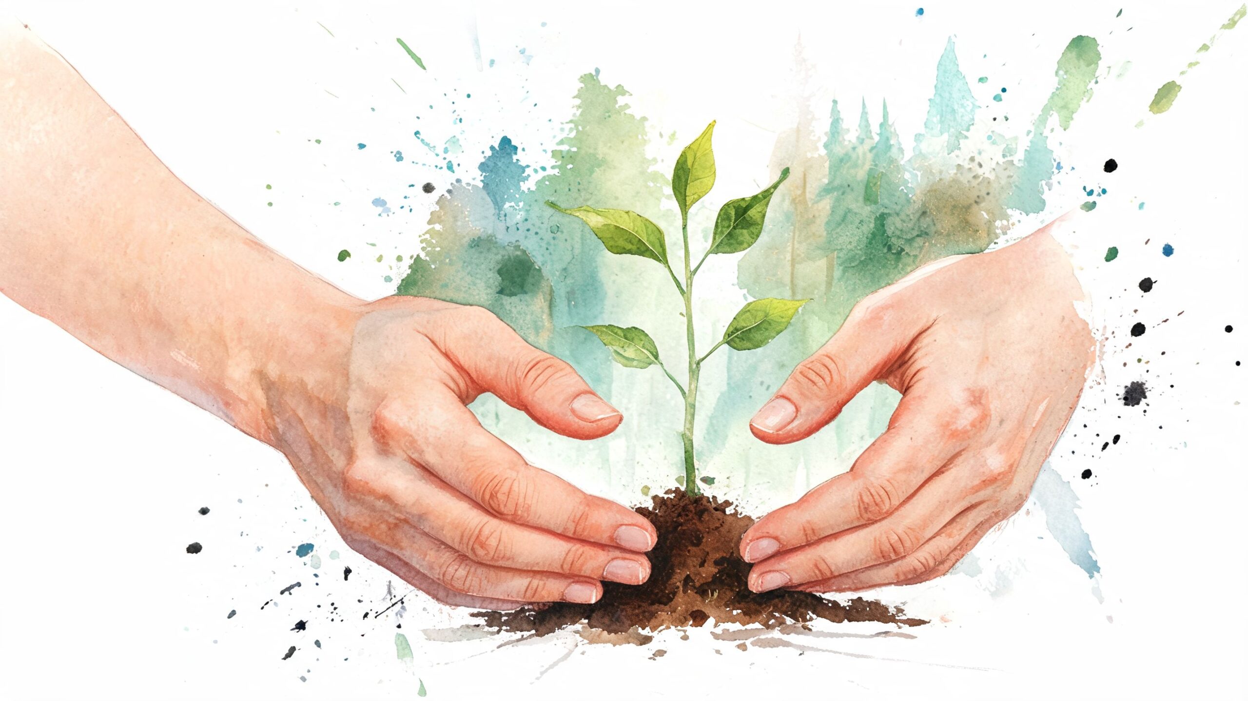A gentle watercolor illustration showing two hands carefully protecting a small green seedling growing from soil.