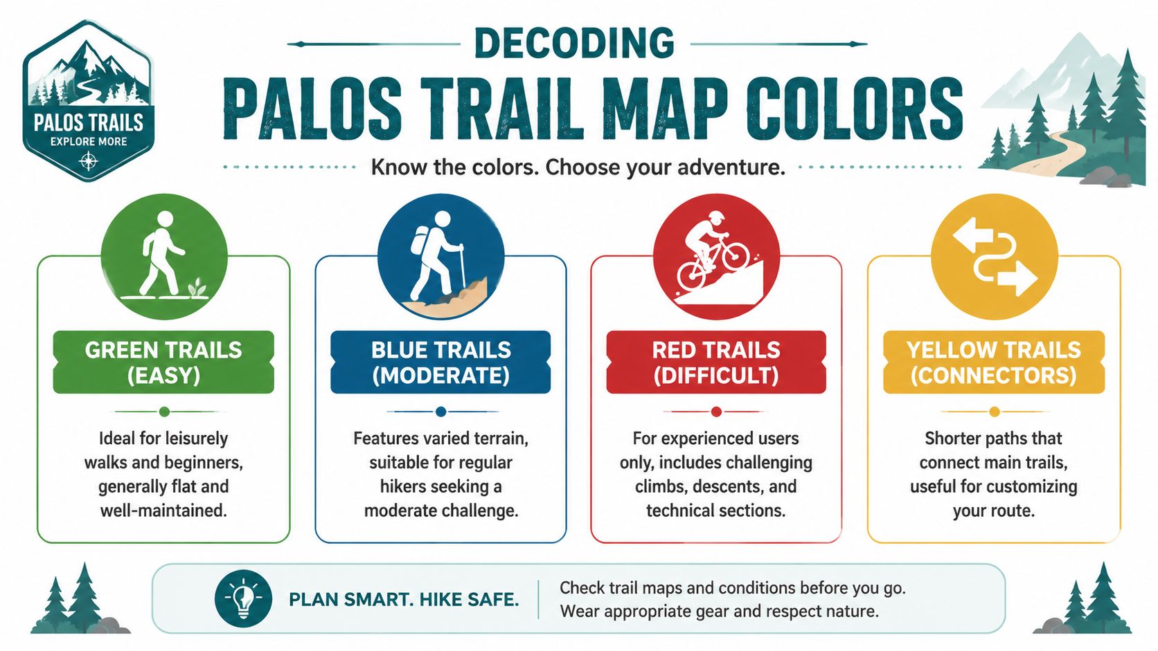 An infographic titled Decoding Palos Trail Map Colors explaining difficulty levels for green, blue, red, and yellow trails.