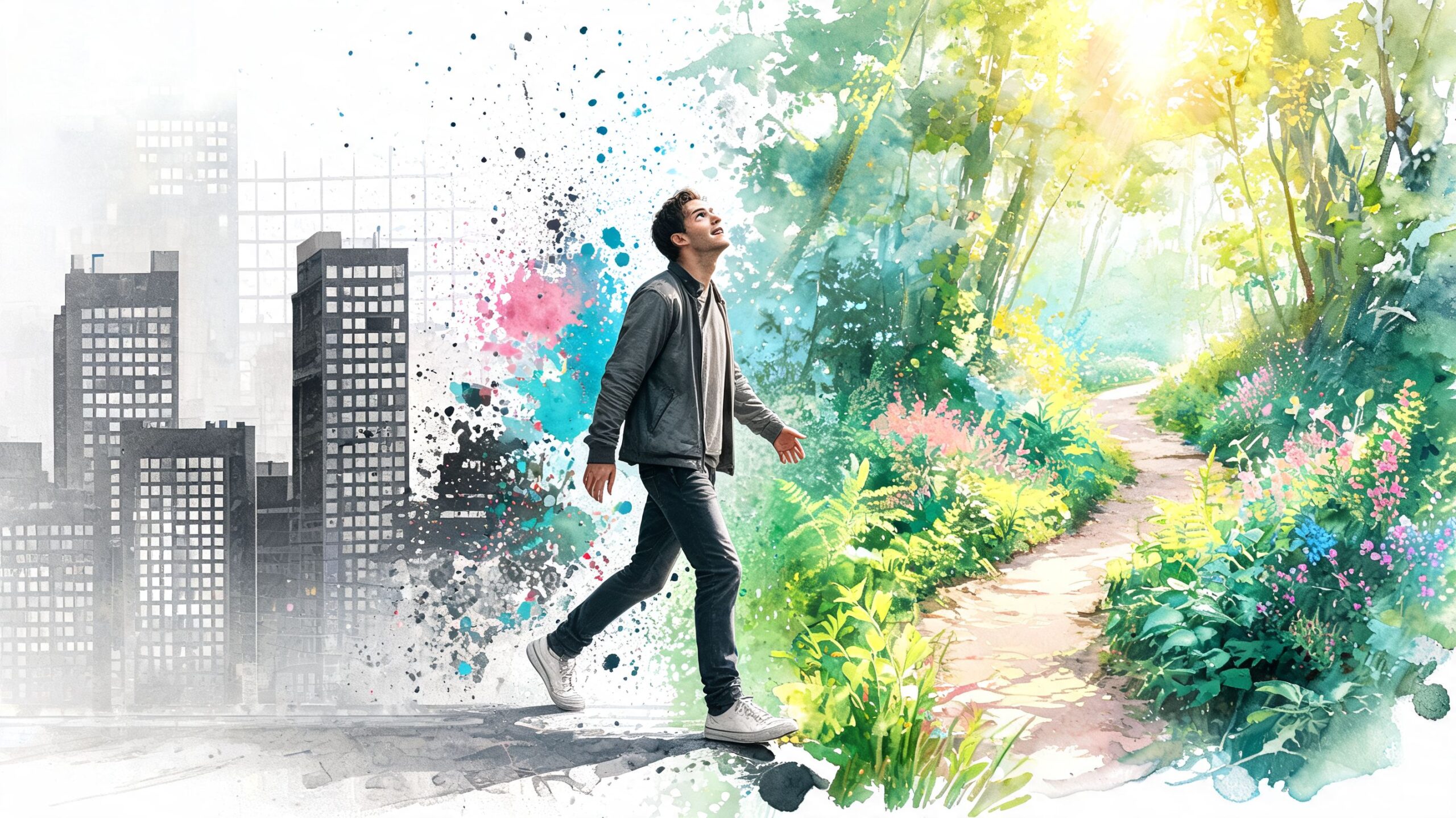 A young man walking from a grey urban cityscape into a vibrant, sunlit, and blooming forest path.