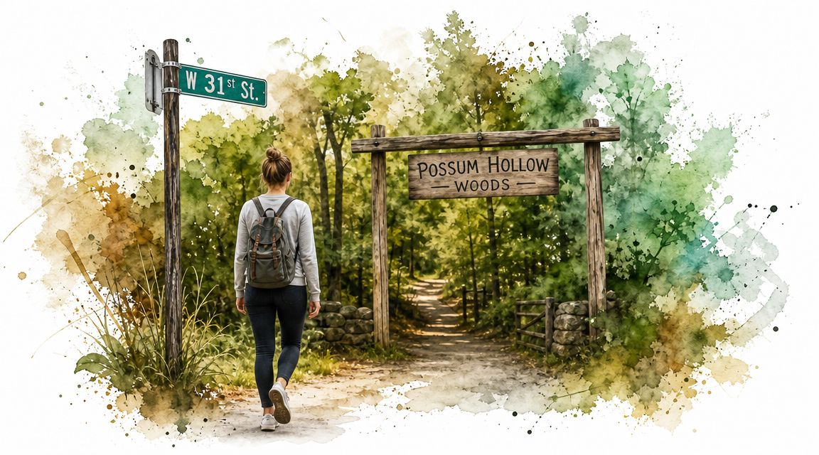 A woman with a backpack walking toward the entrance of Possum Hollow Woods on a path.