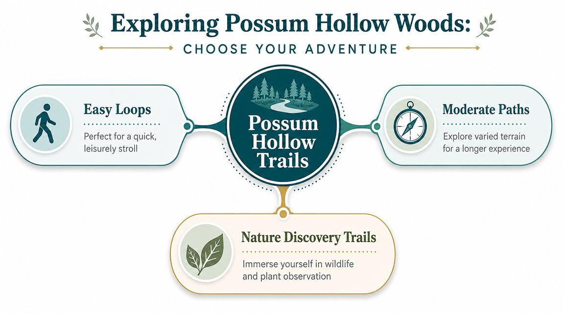 An infographic titled Exploring Possum Hollow Woods with three hiking trail options for nature enthusiasts.