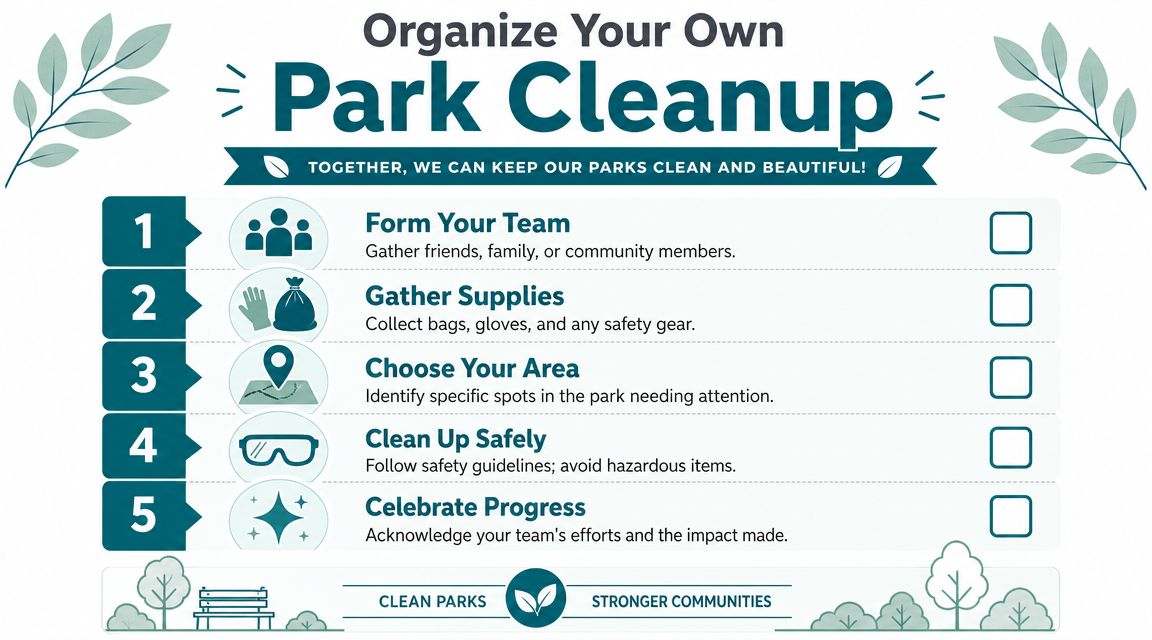 A checklist infographic titled Organize Your Own Park Cleanup, guiding users through five steps for community service.