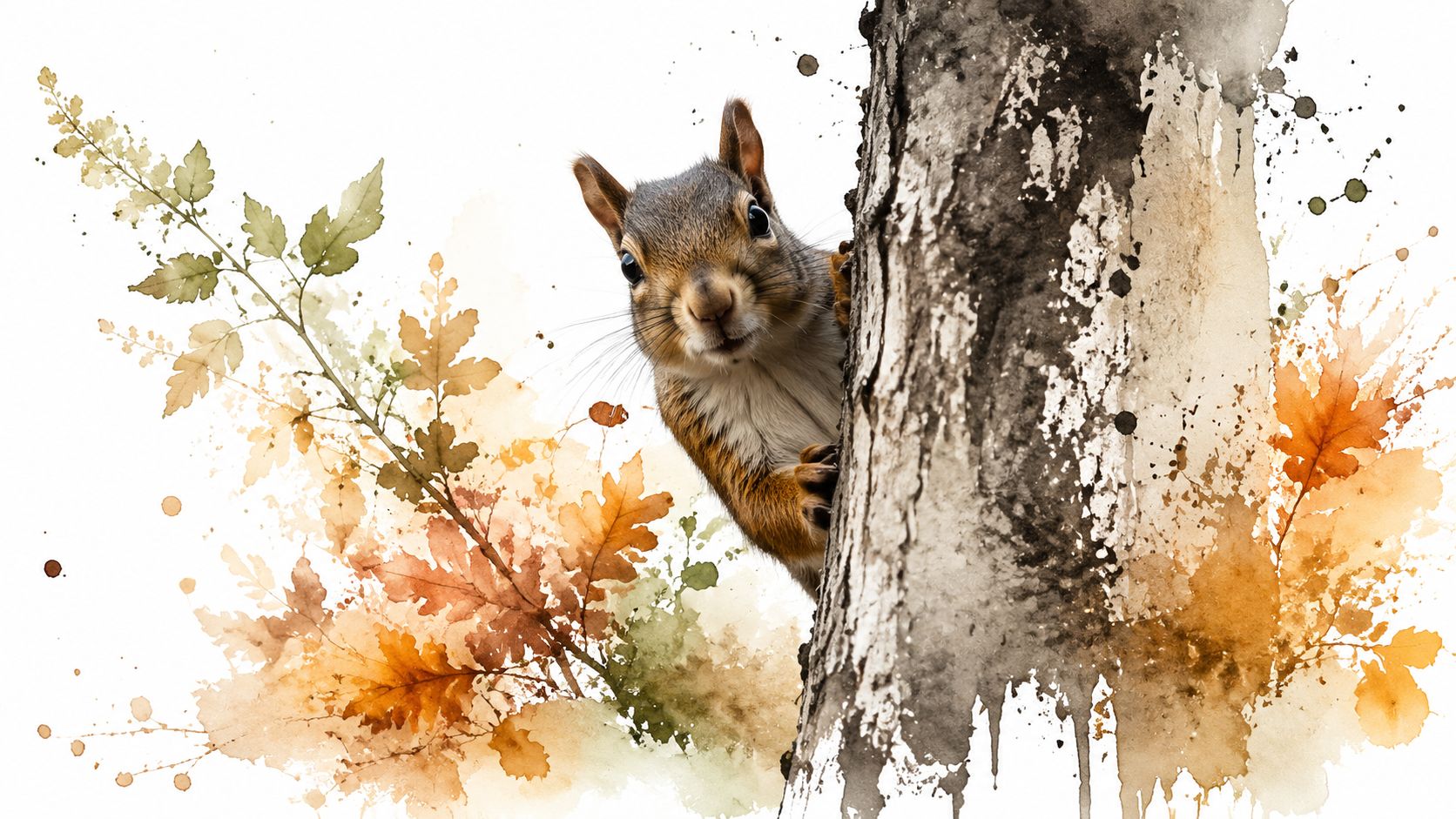 A cute squirrel peeking out from behind a textured tree trunk with artistic watercolor autumn leaves nearby.