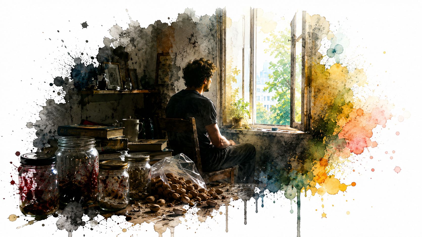 A man sits pensively by a window looking out at lush green trees and city buildings.