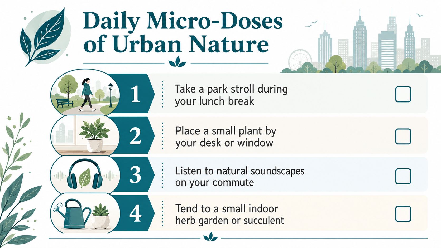 A checklist featuring four simple daily activities to incorporate urban nature into a busy lifestyle.