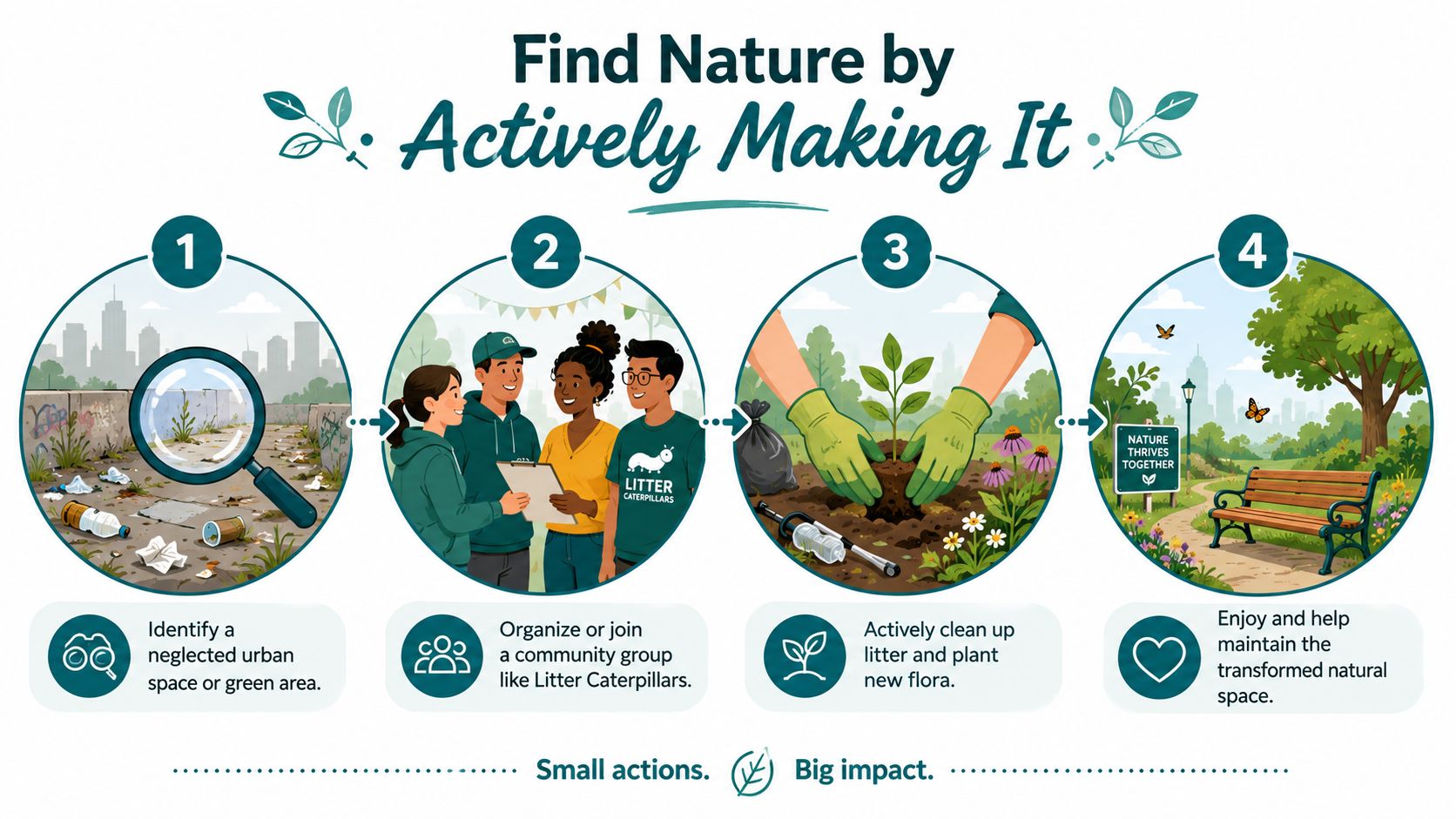 A four-step infographic showing how to clean and revitalize neglected urban spaces with a community group.