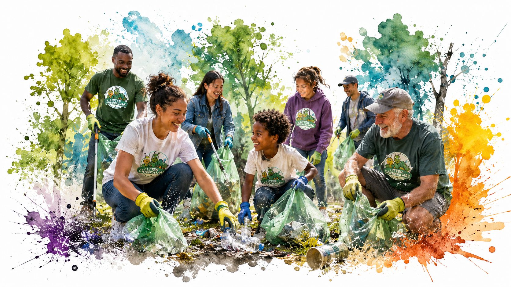 A diverse group of volunteers cleaning up litter in a park, fostering community and environmental stewardship.