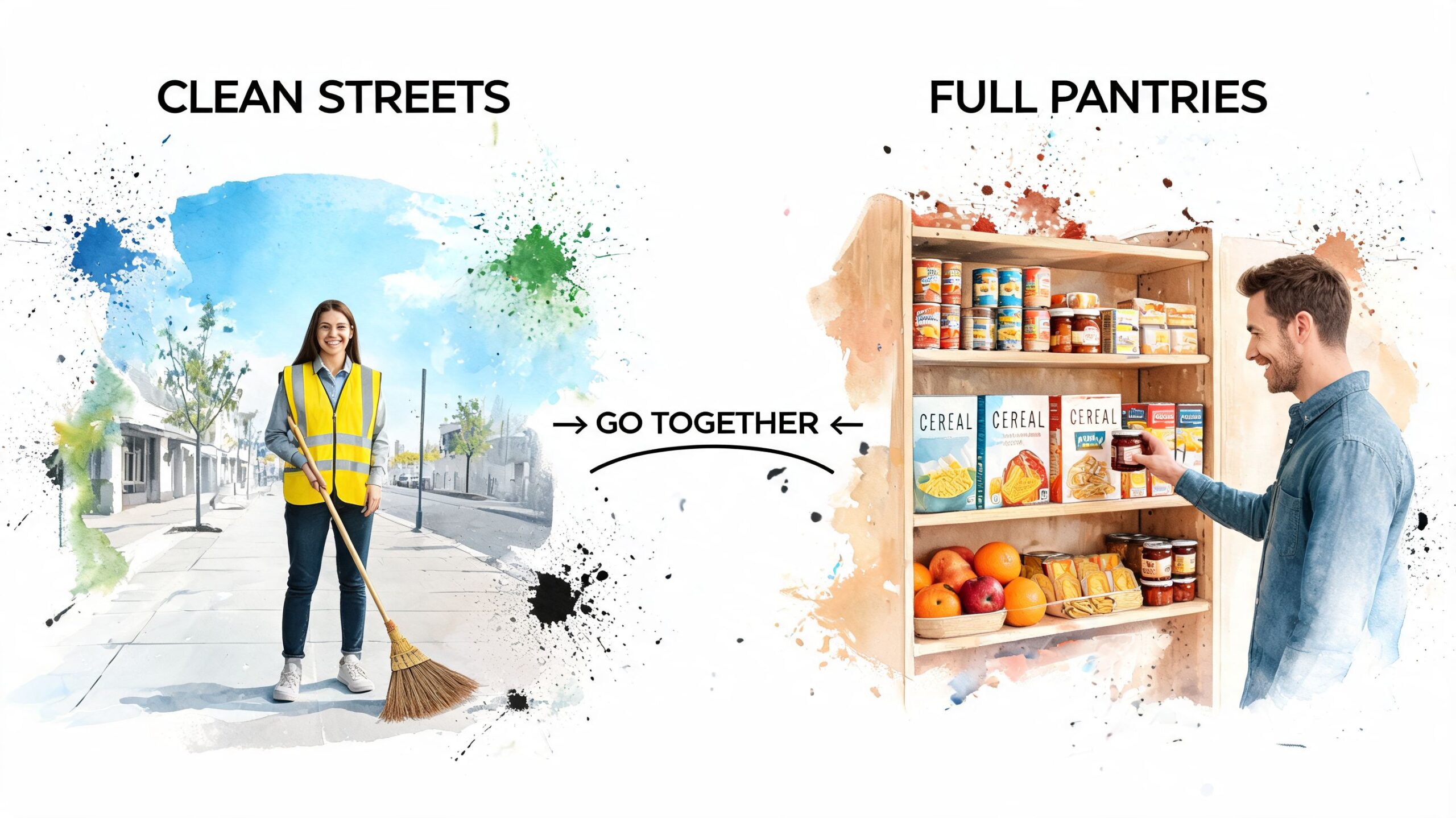 A split image showing a street cleaner on the left and a person stocking a pantry on the right.