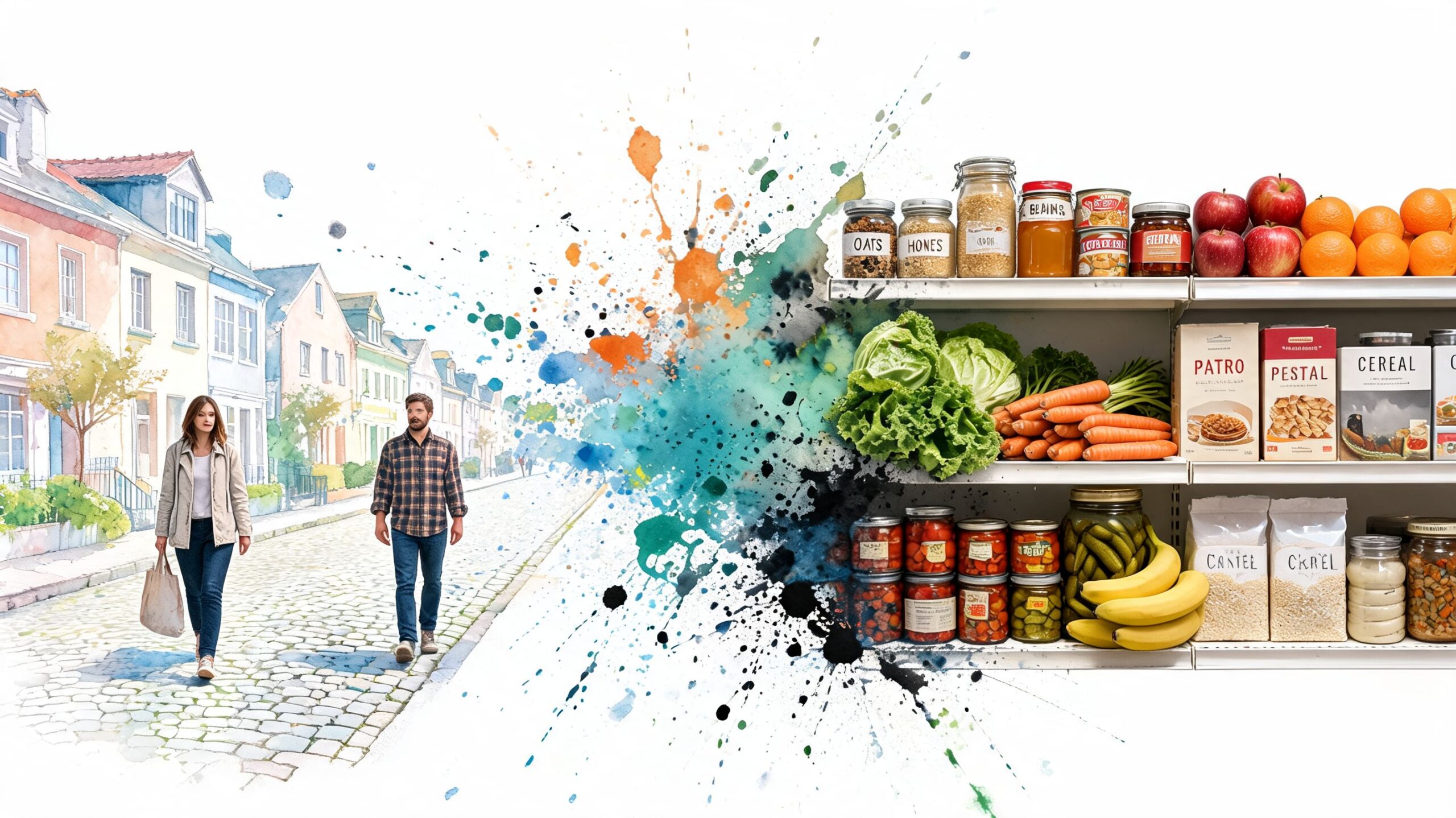 A split composition shows a couple walking on a city street transitioning into grocery store shelves.