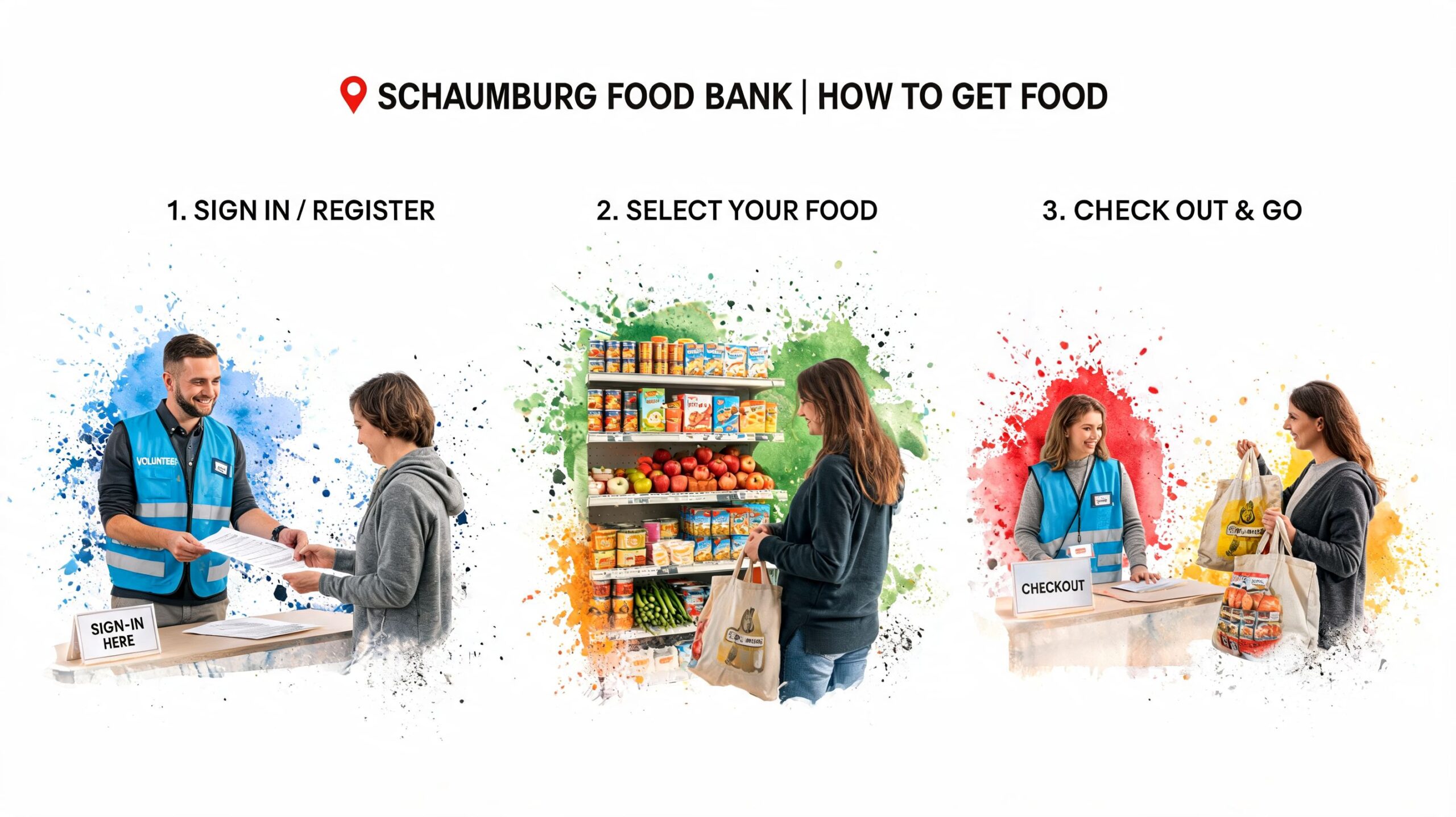 An infographic showing the three-step process to receive assistance at the Schaumburg Food Bank facility.
