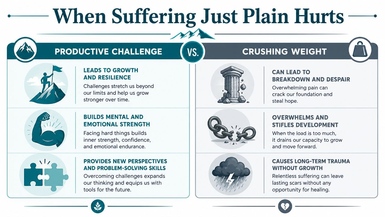 A comparative infographic illustrating the differences between productive challenges that foster growth and crushing weights that cause despair.