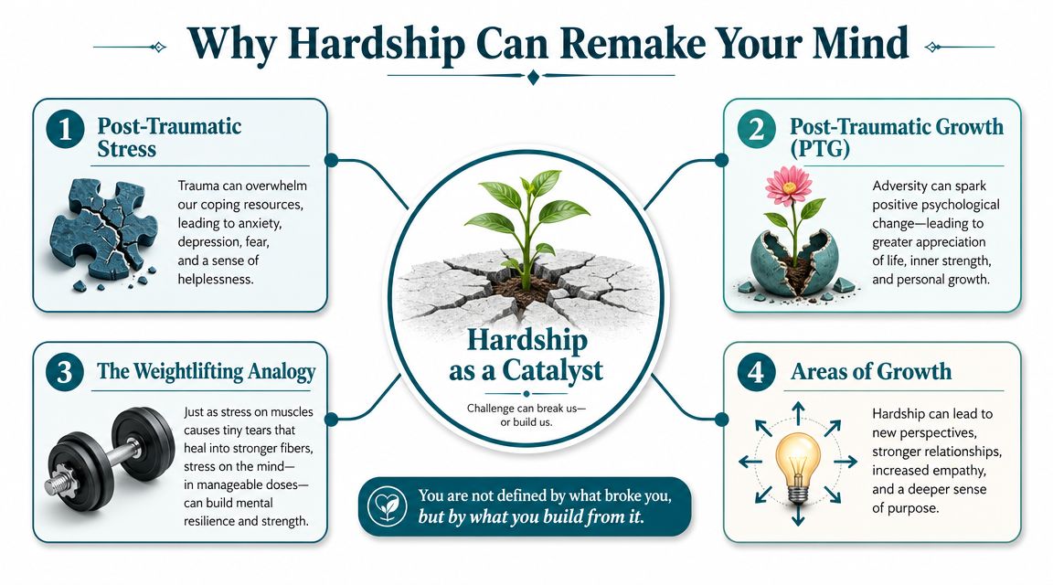 An infographic illustrating how hardship acts as a catalyst for mental resilience, growth, and personal development.